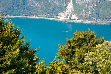 Beautiful mountain lake with a bridge in Switzerland