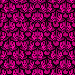 BLACK SEAMLESS VECTOR ART NOUVEAU BACKGROUND WITH PINK FLOWERS