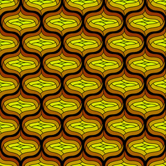 BLACK SEAMLESS VECTOR BACKGROUND IN ART DECO STYLE WITH YELLOW AND ORANGE ABSTRACT ELEMENTS