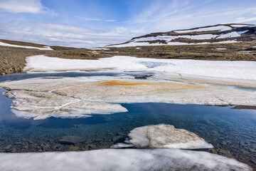 Ice floe in small mountain lake Westfjords Iceland