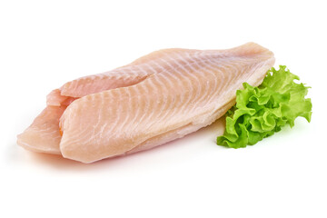 Raw fish fillet of tilapia, isolated on white background.