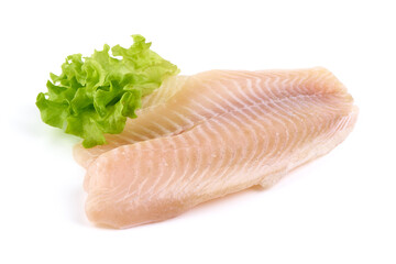 Tilapia fish fillet, isolated on white background.