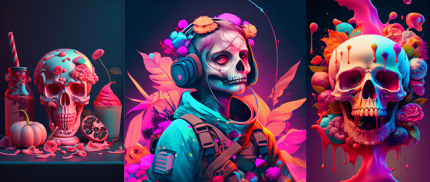 Skull illustration, color explosion, neon lights, candy, background with glowing lights, spring and summer composition, collection