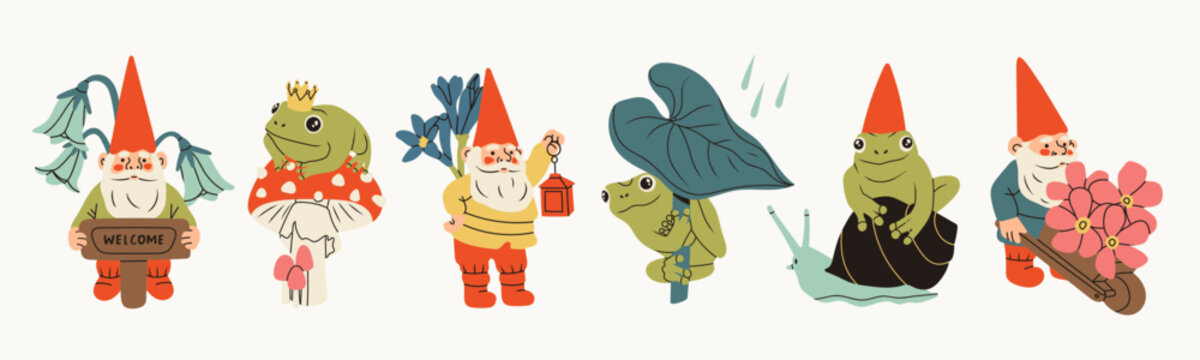 Set of garden gnomes and Frogs. Hand drawn modern Vector isolated illustrations. Poster, card, print, design templates. Cute fairy tale characters. Garden elf, funny frogs. Cartoon style