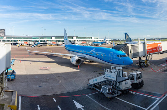 Amsterdam, Netherlands - October 19, 2022: A picture of a KLM plane at the Schiphol Airport.