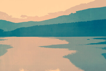 Ilustracja plakat grafika w pastelowych kolorach krajobraz jezioro, rybak i góry. - 550899649