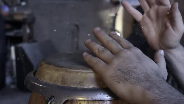 Hands of a Percussionist Playing a Drum. Close Up. 4K Resolution.