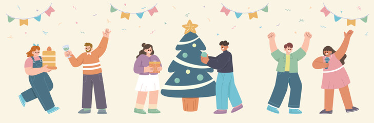People characters celebrating a Christmas and New year's party. People are holding a cake and champagne, giving gift, decorating tree, and singing together. Flat style vector illustration.
