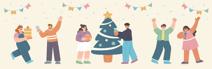 People characters celebrating a Christmas and New year's party. People are holding a cake and champagne, giving gift, decorating tree, and singing together. Flat style vector illustration.