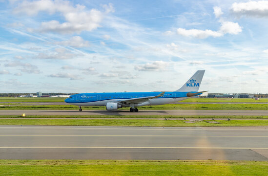 Amsterdam, Netherlands - October 19, 2022: A picture of an Airbus A330-200 KLM plane on the runway.