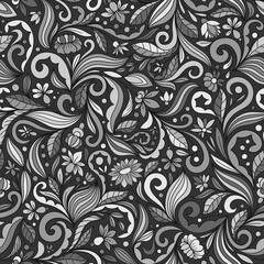 GREY SEAMLESS VECTOR BACKGROUND WITH COMPLEX FLORAL ORNAMENT