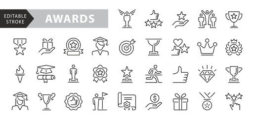 20 Awards icons. Awards and Achievements line icon set. Vector illustration. Editable stroke - 550900099