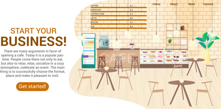 Website template of cafe or restaurant with button. Cozy beautiful interior with bakery. For design, new business. Vector illustration in cartoon style