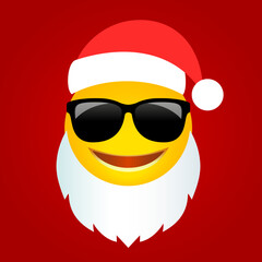 Cool Christmas emoji with Santa Claus costume, vector cartoon on red background