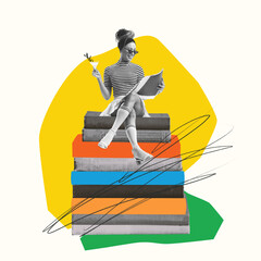 Contemporary art collage. Stylish young woman sitting on books and reading. Cheeful studying. New...