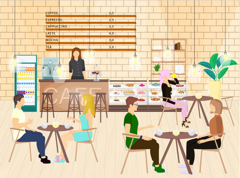 Interior of beautiful cozy cafe or restaurant with bakery. People - visitors - at the table. Coffee bar and menu. Fridge with beverages and bakery, bar counter. Vector cafe illustration. Cartoon style
