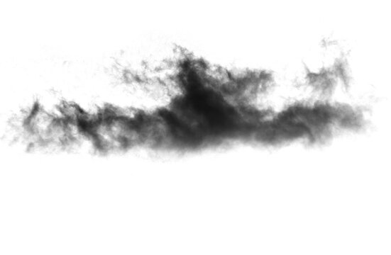 Abstract black puffs of smoke swirl overlay on transparent background pollution. Royalty high-quality free stock PNG image of abstract smoke overlays on white background. Black smoke swirls fragments