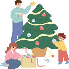 Happy family decorating christmas tree. Parents and kid preparing for holiday celebration. Merry Xmas and New Year flat cartoon characters style vector illustration isolated on white background.