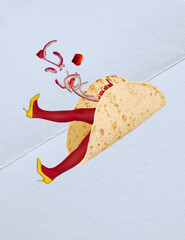 Contemporary art collage. Female legs in red tights and yellow heels sticking out delicious...