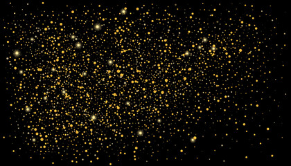 Gold glitter confetti on a black background. Shiny particles scattered, sand. Decorative element. Luxury background for your design, cards, invitations, vector