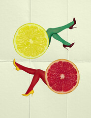Contemporary art collage. Female legs in bright tights sticking out citrus, lemon and grapefruit....