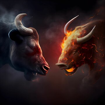 Colorful portrait of bull vs bear, made with fire splatters and smoke effects, digital art painting