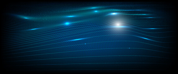 Illustration vector abstract wave motion pattern and dynamic mesh line on a dark blue background, blue light.  Modern futuristic design for background or wallpaper. Digital cyberspace, high tech, tech