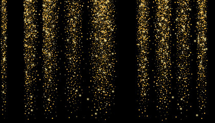 Naklejka na ściany i meble Gold glitter confetti on a black background. Shiny particles scattered, sand. Decorative element. Luxury background for your design, cards, invitations, vector