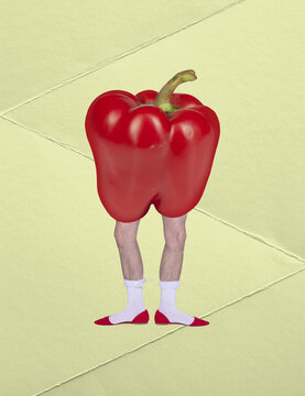 Naklejki Contemporary art collage. Male leg with red pepper body over yellow background. Vegetable diet. Vegetarians