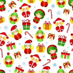 Seamless stylized Christmas ornament little elves and angels