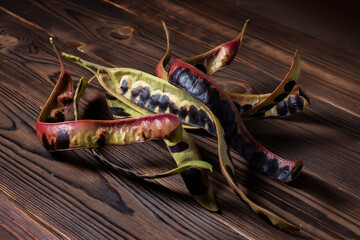 Obraz premium Acacia seeds on wooden background. Close up