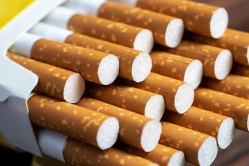Close up cigarette in pack is addictive to be cancer. smoking reduction campaign in World No Tobacco Day.