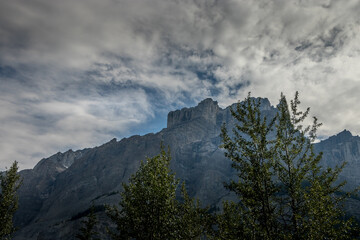 Storm clouds and rain fall over the Rockies Ice Fields Parkway Banff National Park Alberta Canada
