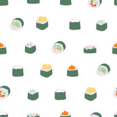 Sushi rolls pattern seamless. Traditional Japanese food background. Vector texture