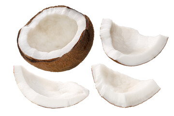 Coconut Cocos nucifera shelled,  kernel meat, cracked, irregular shaped isolated png - obrazy, fototapety, plakaty