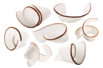 Coconut shavings, curls or rolled up slices of kernel meat, isolated png