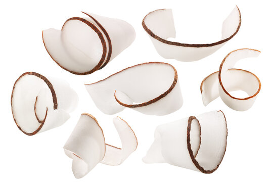 Coconut shavings, curls or rolled up slices of kernel meat, isolated png