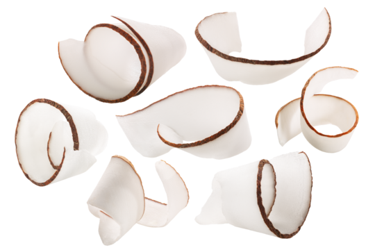 Coconut shavings, curls or rolled up slices of kernel meat, isolated png
