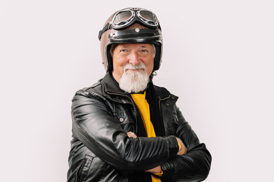 Senior male biker in helmet