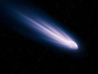 Tail of a comet glows in outer space. A large comet near the Earth's orbit. Celestial body of the solar system.