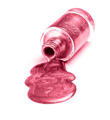 Poured magenta nail polish with a bottle isolated on white background. Color trend year 2023.