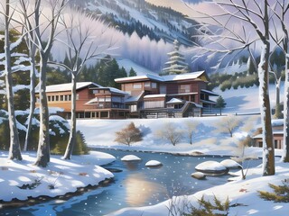Winter in the mountains. Landscape painting of winter, houses, rivers, trees and mountains behind. Beautiful illustration of winter landscape.