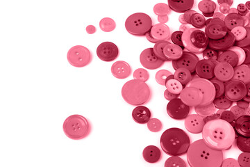 Scattered buttons magenta isolated on white. Place for text. Color trend of the year 2023.