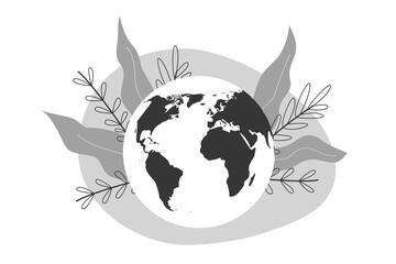 Monochrome Planet earth with floral background. Earth day celebration. Flat vector illustration.