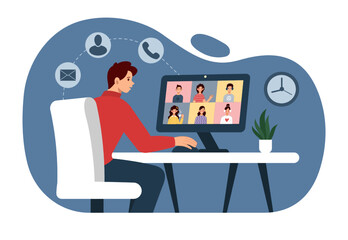 Virtual online work. Business office. Video conference. Home telework. People sits at computer. Distance videocall. Freelance job. Web communication. Vector cartoon tidy illustration