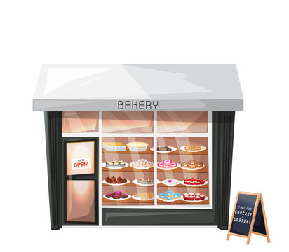 Vector illustration of pastry cafe facade. Exterior of bakery shop. Store with sweets in cartoon style. Isolated on white background. Icon. For business. Architecture. Front side. Open door