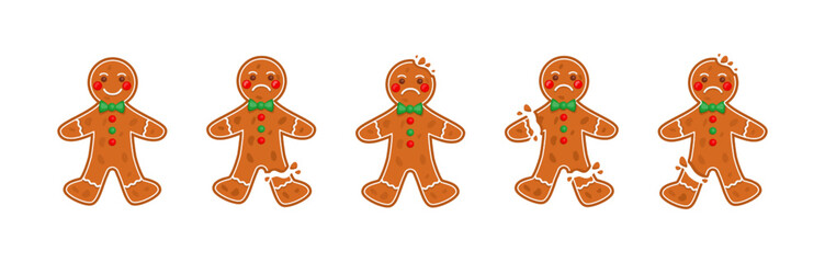 Off bite gingerbread cookie man. 3d texture on christmas ginger cake with eyes and cute smile, break or bitten. Traditional winter holidays confectionery. Vector cartoon tidy illustration