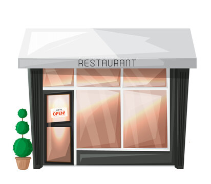 Vector illustration of bright, colorful facade of restaurant, cafe, club - institution. Isolated on white background. Exterior of building in cartoon. Business concept. Architecture. Front side shop