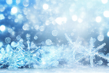 Ice crystals and snowflakes on blue and silver glitter sparkles background. Christmas, winter background.	