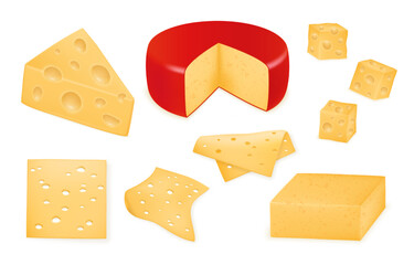 3d cheese slice, cheddar food. Farm mozzarella and brie, hard camembert, gourmet gouda. Different cutting, whole half and square pieces. Fresh milk products. Vector realistic neoteric set